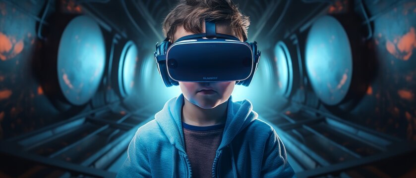 A boy wearing a virtual reality headset stands in front. Generative AI