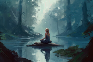 Fototapeta premium a woman meditating in a quiet place surrounded by nature, concept to manage stress and improve self-confidence, resilience Personal Growth and Reflection, generative AI