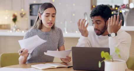 Stress, small business and finance, couple in cafe with paperwork and laptop for financial planning. Anxiety, man and woman overwhelmed with bills, fintech and online banking budget plan for debt. - Powered by Adobe