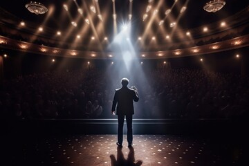 Fictional man musician on the stage in the light of spotlights made with generative AI