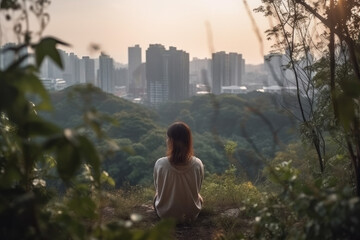  a woman meditating in a quiet place contrasted by surrounding megacity, concept to manage stress and improve self-confidence, resilience Personal Growth and Reflection, generative AI