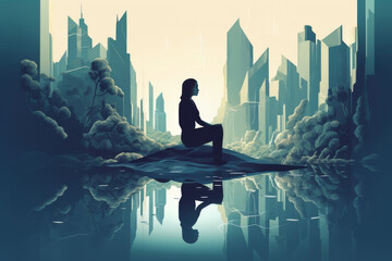  a woman meditating in a quiet place contrasted by surrounding megacity, concept to manage stress and improve self-confidence, resilience Personal Growth and Reflection, generative AI