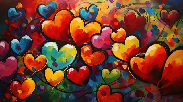 The Art of Love: Large Abstract Painting of Multicolor Hearts. Generative Ai.