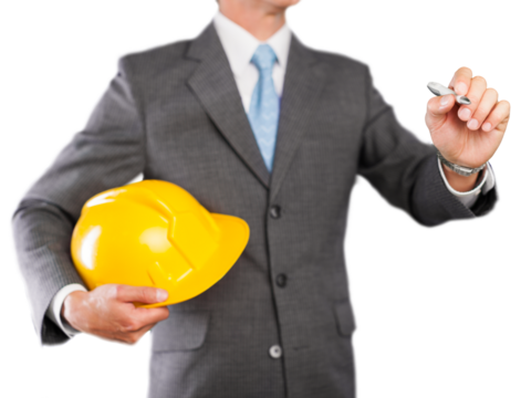 Unrecognizable businessman  holding in hand yellow helmet on  background