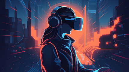 Fototapeta premium Step into the Future with Virtual Reality: Woman Holding E-Wearable Illustration. Generative Ai.