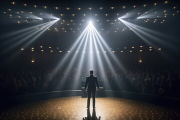 Fictional man musician on the stage in the light of spotlights made with generative AI