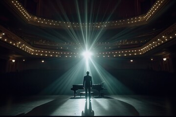 Fictional musician at the piano on the big stage of a luxury concert hall made with generative AI