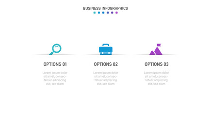 Timeline infographic with infochart. Modern presentation template with 3 spets for business process. Website template on white background for concept modern design. Horizontal layout.