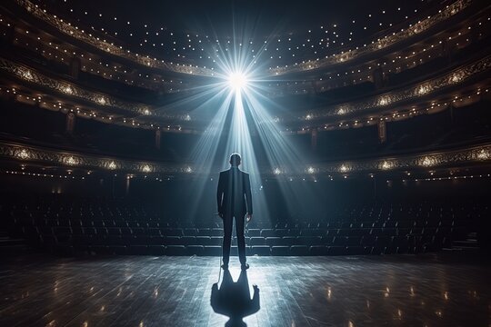 Fictional male artist on the big stage of an empty concert hall in the light of spotlights made with generative AI