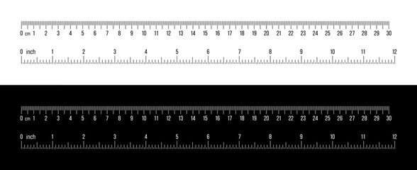 Ruler 30 cm, 12 inch. Set of ruler 30 cm 12 inch. Measuring tool. Ruler scale. Grid cm, inch. Size indicator units. Metric Centimeter, inch size indicators. White and black.