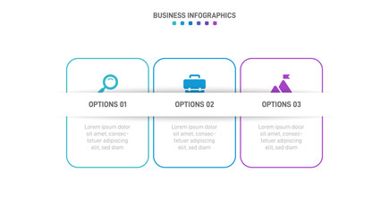 Timeline infographic with infochart. Modern presentation template with 3 spets for business process. Website template on white background for concept modern design. Horizontal layout.