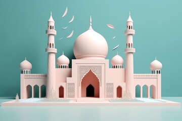 Islamic decoration background with beautiful mosque, cartoon style, ramadan kareem, mawlid, iftar, isra miraj, eid al fitr adha, muharram, copy space text area, 3D illustration.