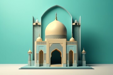 Islamic decoration background with beautiful mosque, cartoon style, ramadan kareem, mawlid, iftar, isra miraj, eid al fitr adha, muharram, copy space text area, 3D illustration.