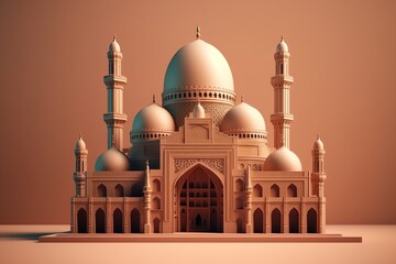 Fototapeta na wymiar Islamic decoration background with beautiful mosque, cartoon style, ramadan kareem, mawlid, iftar, isra miraj, eid al fitr adha, muharram, copy space text area, 3D illustration.