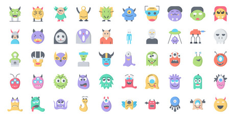 Monsters Flat Icons Monster Icon Set in Color Style 50 Vector Icons