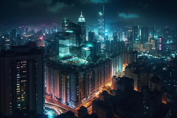 long exposure drone shot of mega city skyline at night, iluminated streets and signs, generative AI