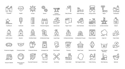 Hygiene Thin Line Icons Washing Corona Virus Icon Set in Color Style 50 Vector Icons in Black