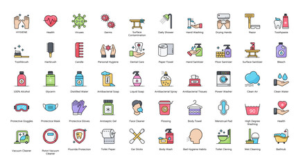 Hygiene Color Line Icons Washing Corona Virus Icon Set in Filled Outline Style 50 Vector Icons