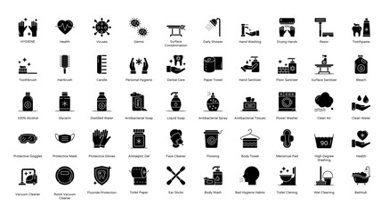 Fototapeta na wymiar Hygiene Glyph Icons Washing Corona Virus Icon Set in Glyph Style 50 Vector Icons in Black