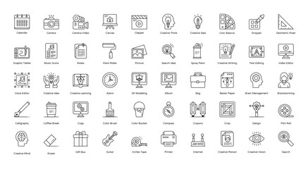 Creative Tools Thin Line Icons Graphic Design Icon Set in Outline Style 50 Vector Icons in Black