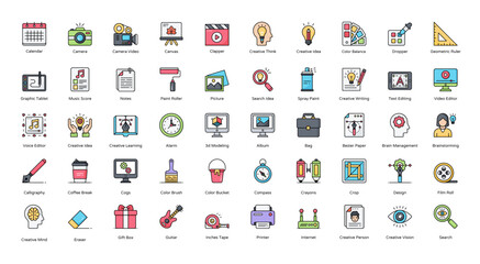 Creative Tools Color Line Icons Graphic Design Icon Set in Filled Outline Style 50 Vector Icons