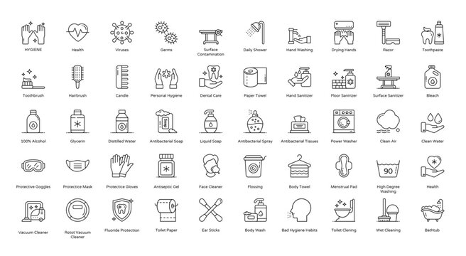 Hygiene Thin Line Icons Washing Corona Virus Icon Set in Color Style 50 Vector Icons in Black