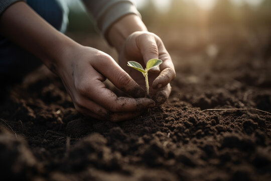 Human Hands planting a fresh seedling in rich soil, sustainable agriculture concept, generative AI