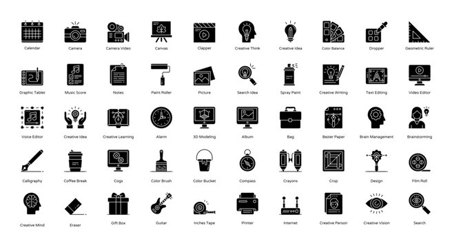 Creative Tools Glyph Icons Graphic Design Icon Set in Glyph Style 50 Vector Icons in Black