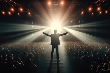 Fictional man musician on the stage in the light of spotlights made with generative AI