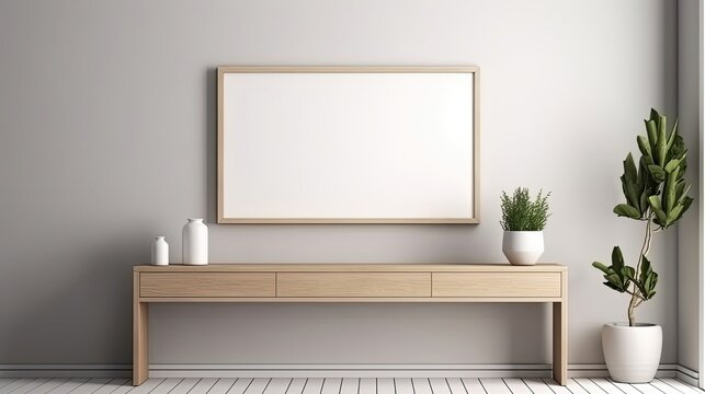 Blanck wooden picture frame mockup on wall