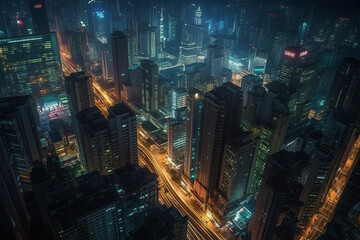 Fototapeta na wymiar long exposure drone shot of mega city skyline at night, iluminated streets and signs, generative AI