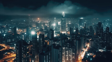 City buildings and skyscrapers at night, view from above. City street with houses with glowing windows and dark sky. AI generated