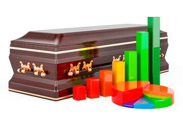 Wooden coffin with growth bar graph and pie chart. 3D rendering