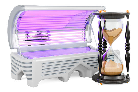 Tanning Bed with sand hourglass, 3D rendering