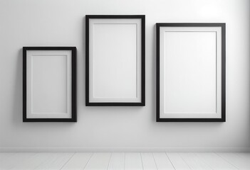 Three minimalistic black frames on wall mockup