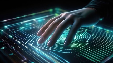 Futuristic digital processing of biometric identification fingerprint. AI generated