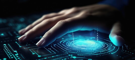 Fototapeta na wymiar Futuristic digital processing of biometric identification fingerprint. AI generated