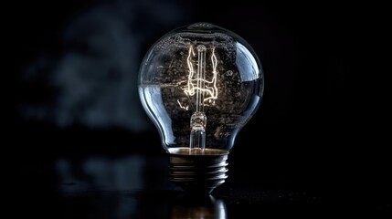 A light bulb with a spark inside on a black background. AI generated