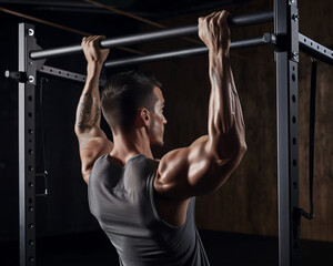 Fototapeta na wymiar Muscular Man Performing Pull-ups, Challenging Gym Workout, Generative AI