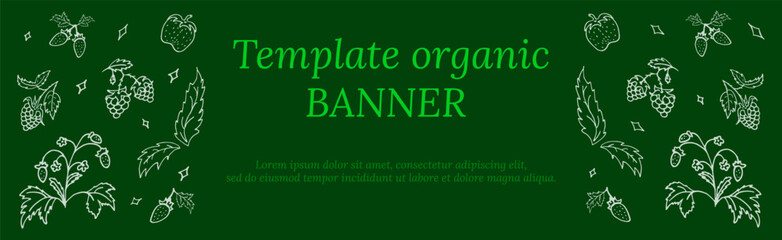 Organic banner template with greens and strawberries. Vector copy space. Healthy lifestyle concept.