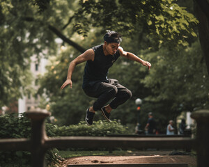 Agile Asian Freerunner Leaps Over Obstacle, Parkour Action, Generative AI