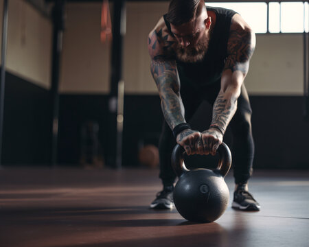 Fit Man with Kettlebell in Gym, Powerlifting and Strength, Generative AI