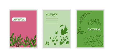 Cover notebook with leaves. Templates drawing natural pattern. Leaves, stroke, pink and green color.