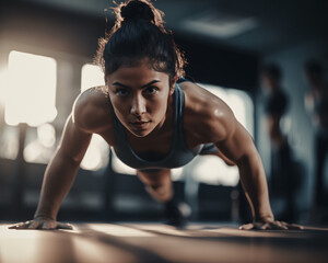 Fototapeta na wymiar Hispanic Woman's Gaze of Determination, Push-ups at Gym, Generative AI