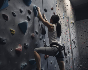 Woman Enjoying Recreational Indoor Wall Climbing Session, Generative AI