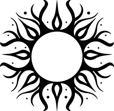 Black Sun Silhouette with Flowing Curved Rays and Dots, Ornamental Stencil Design