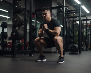 Fototapeta na wymiar Asian Man Performing Squats, Strengthening Lower Body in Gym, Generative AI