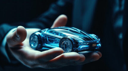 Businessman holds a holographic model of the futuristic car in his palms created with generative AI technology