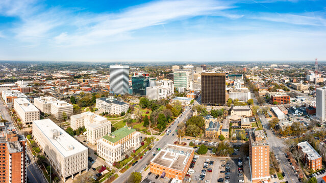 Drone panorama of the South Carolina Statehouse and Columbia skyline on a sunny morning. Columbia is the capital of the U.S. state of South Carolina and serves as the county seat of Richland County