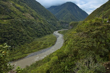 Fototapeta na wymiar River Rio Pastaza at the waterfall Manto de la Novia at Banos, Tungurahua Province, Ecuador, South America 